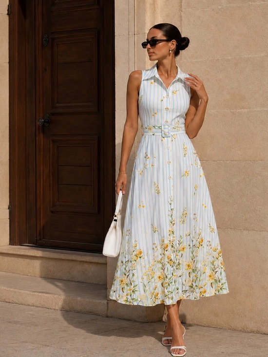 Commense Dresses & Skirts - Floral Striped Sleeveless Belted Midi Dress
